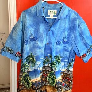 Men's Blue Tropical Motorcycle Print Button Down *Excellent Condition*